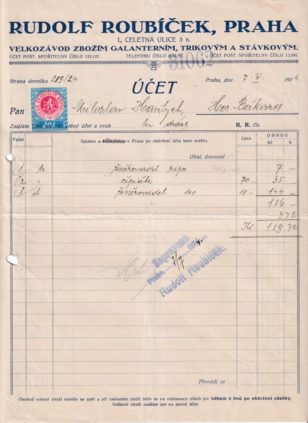 Účet, Zboží galanterní, stávkové, Praha, 1924