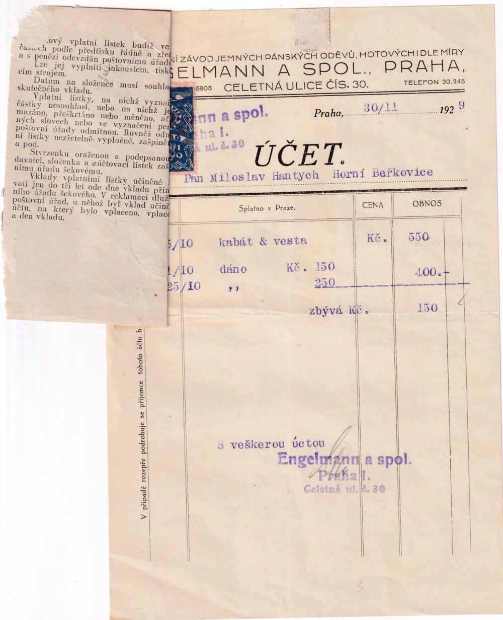 Účet, Závod pánských oděvů, Praha, 1929