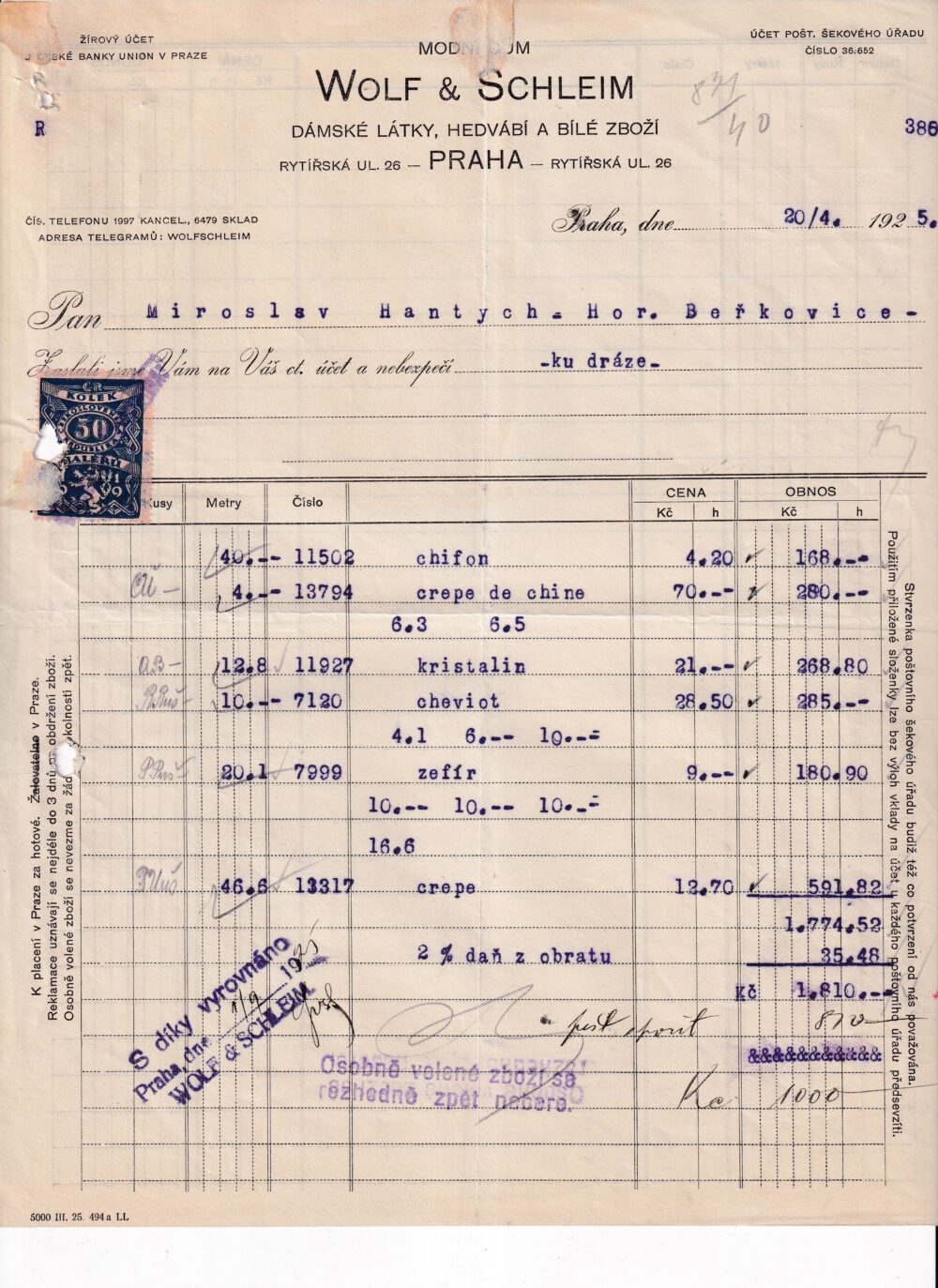 Účet, Dámské látky, bílé zboží, Praha, 1925