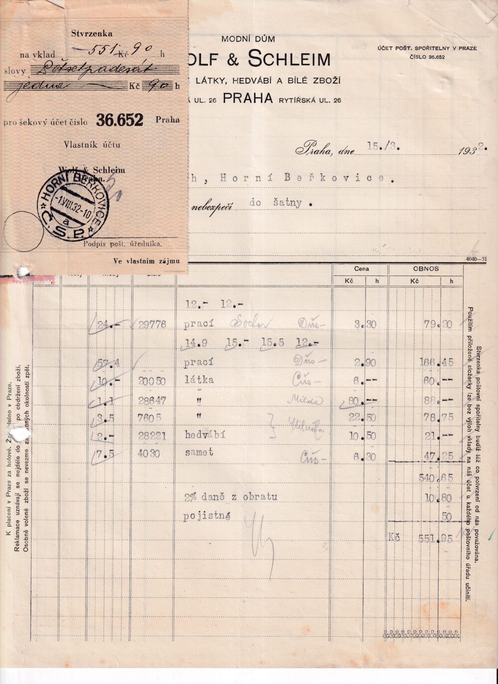 Účet, Dámské látky, bílé zboží, Praha, 1932