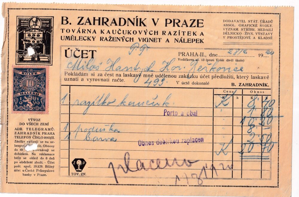 Účet, kaučuková razítka, Praha, 1920
