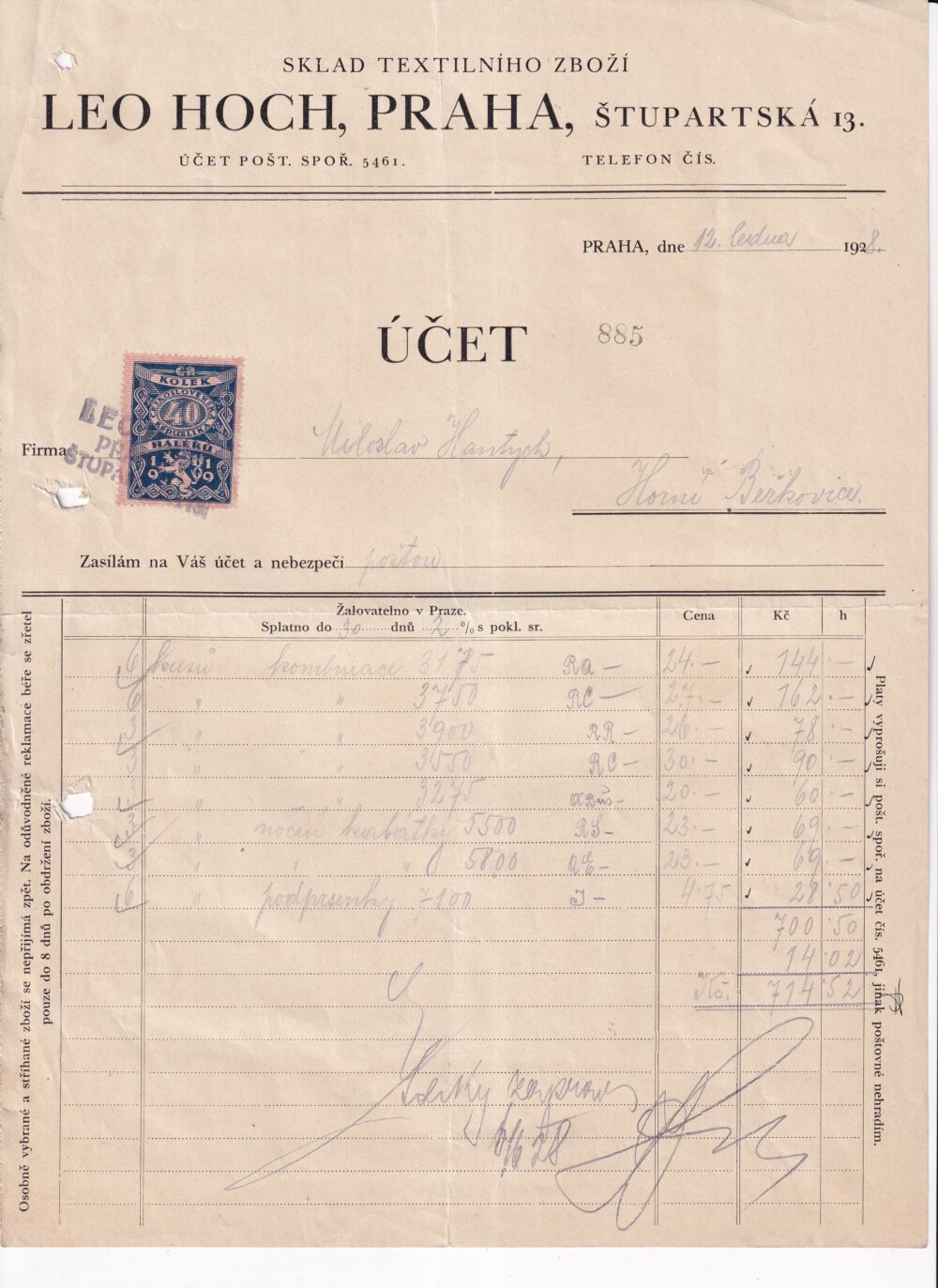 Účet, textilní zboží, Praha, 1928