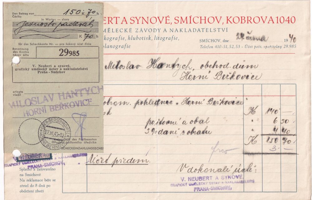 Účet, grafický umělecký ústav, Praha, 1940