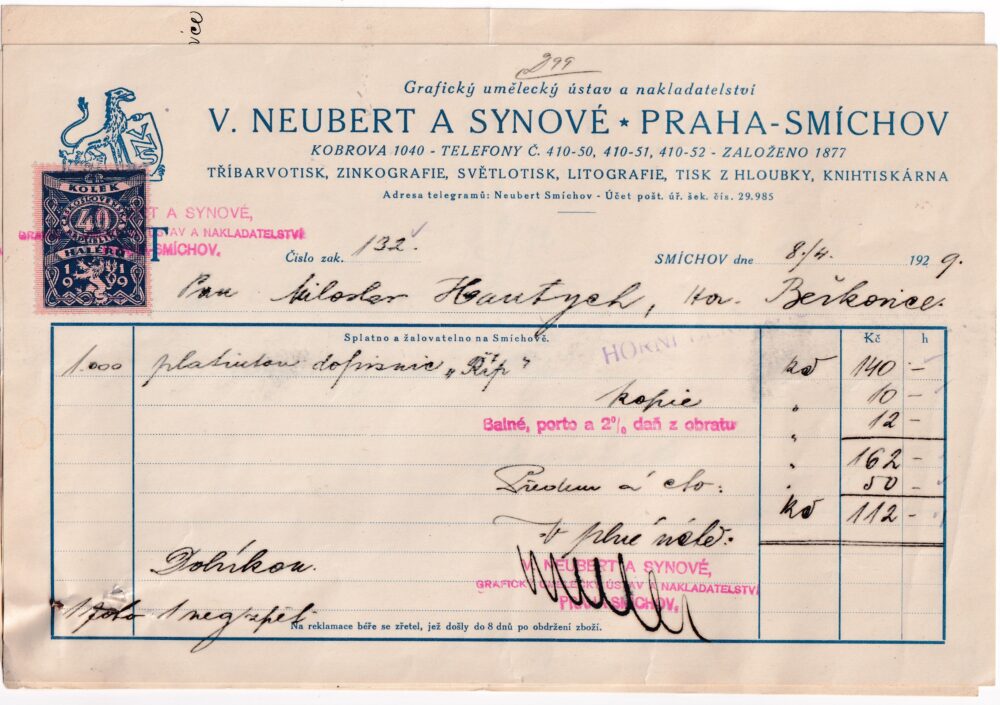 Účet, grafický umělecký ústav, Praha, 1929