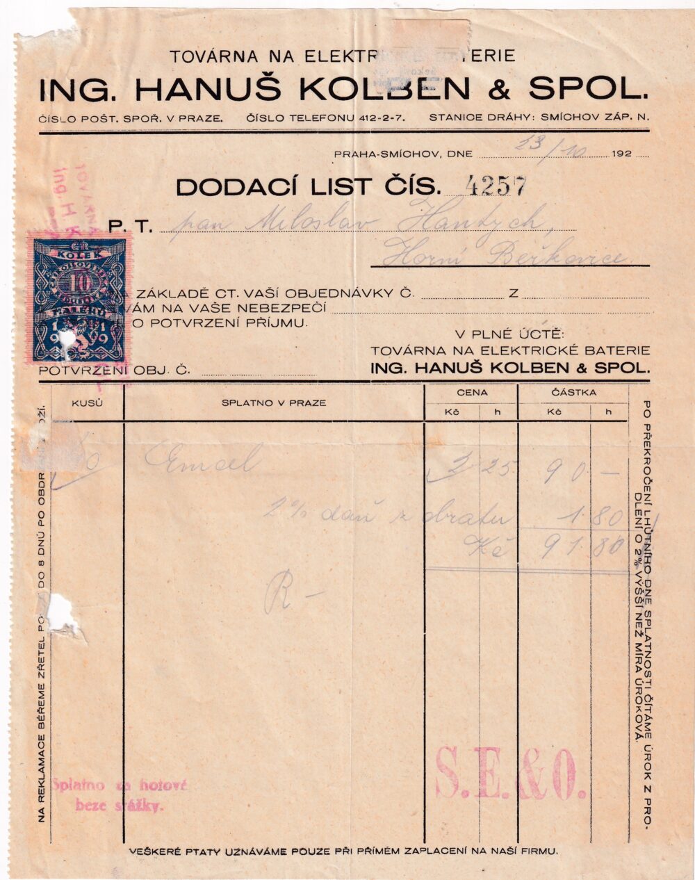 Účet, elektrické baterie, Praha, 1930