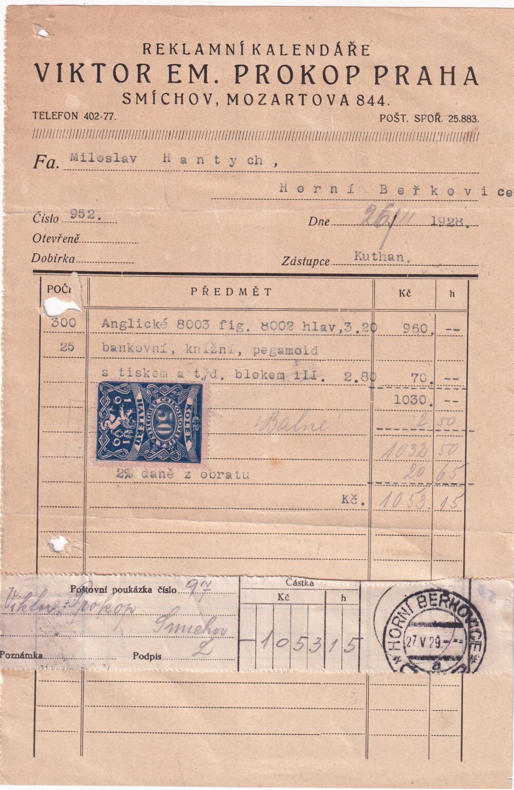 Účet, reklamní kalendáře, Praha, 1928