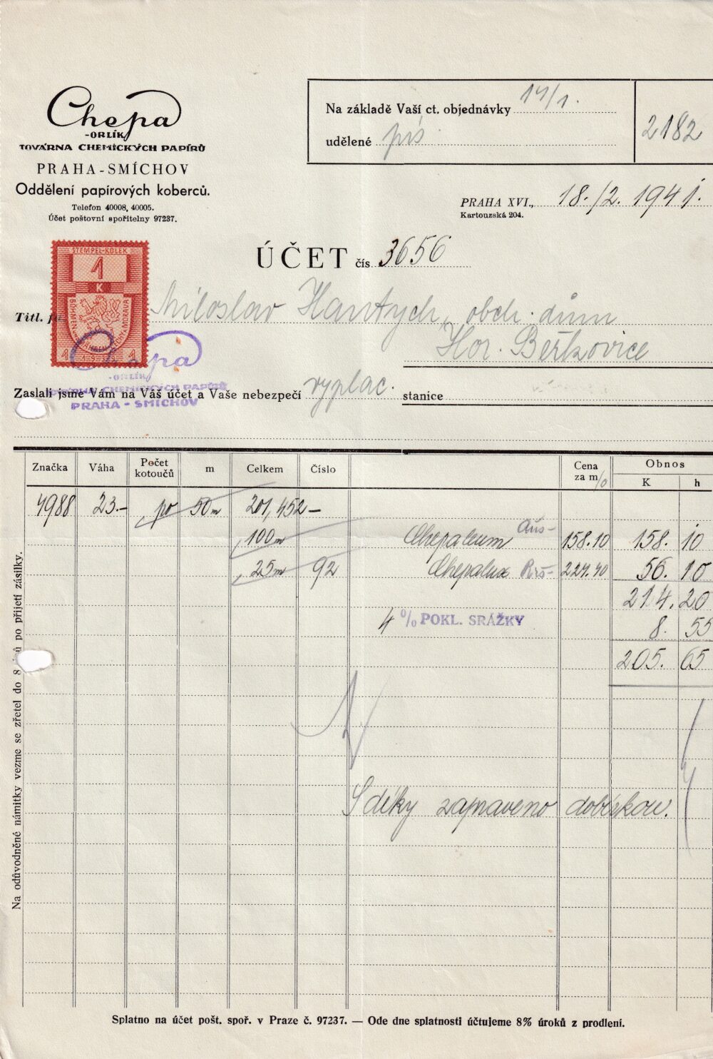 Účet, chemické papíry, Praha, 1941