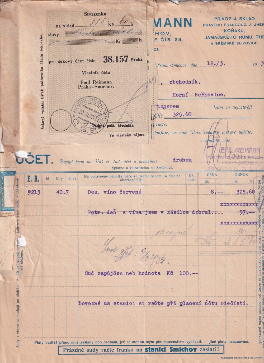 Účet, francouzský koňak, Praha, 1932