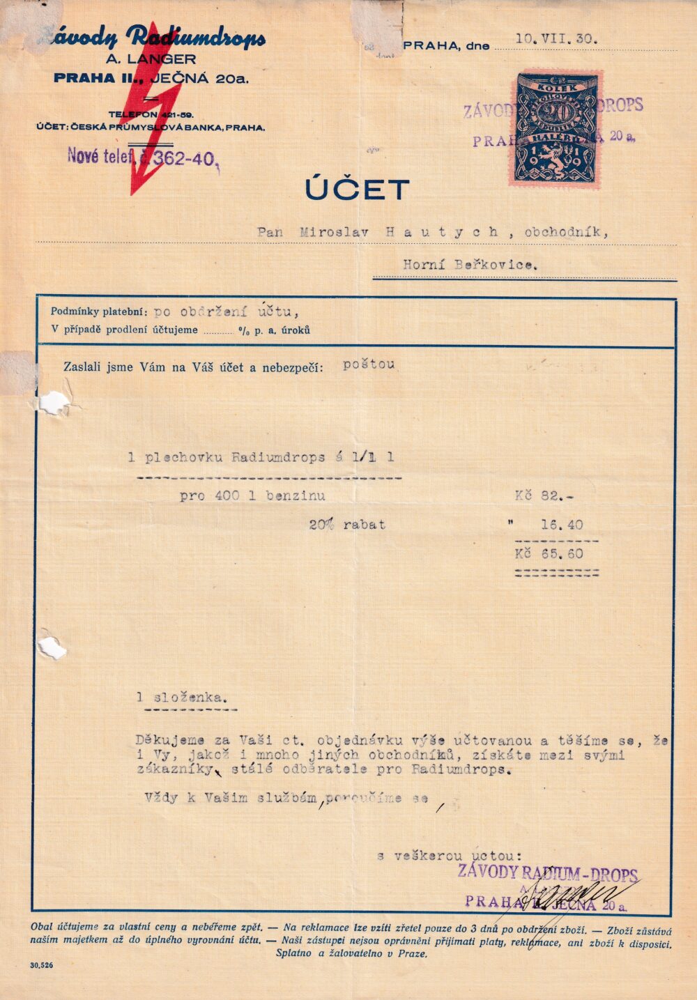 Účet, radiumdrops pro benzin, Praha, 1930