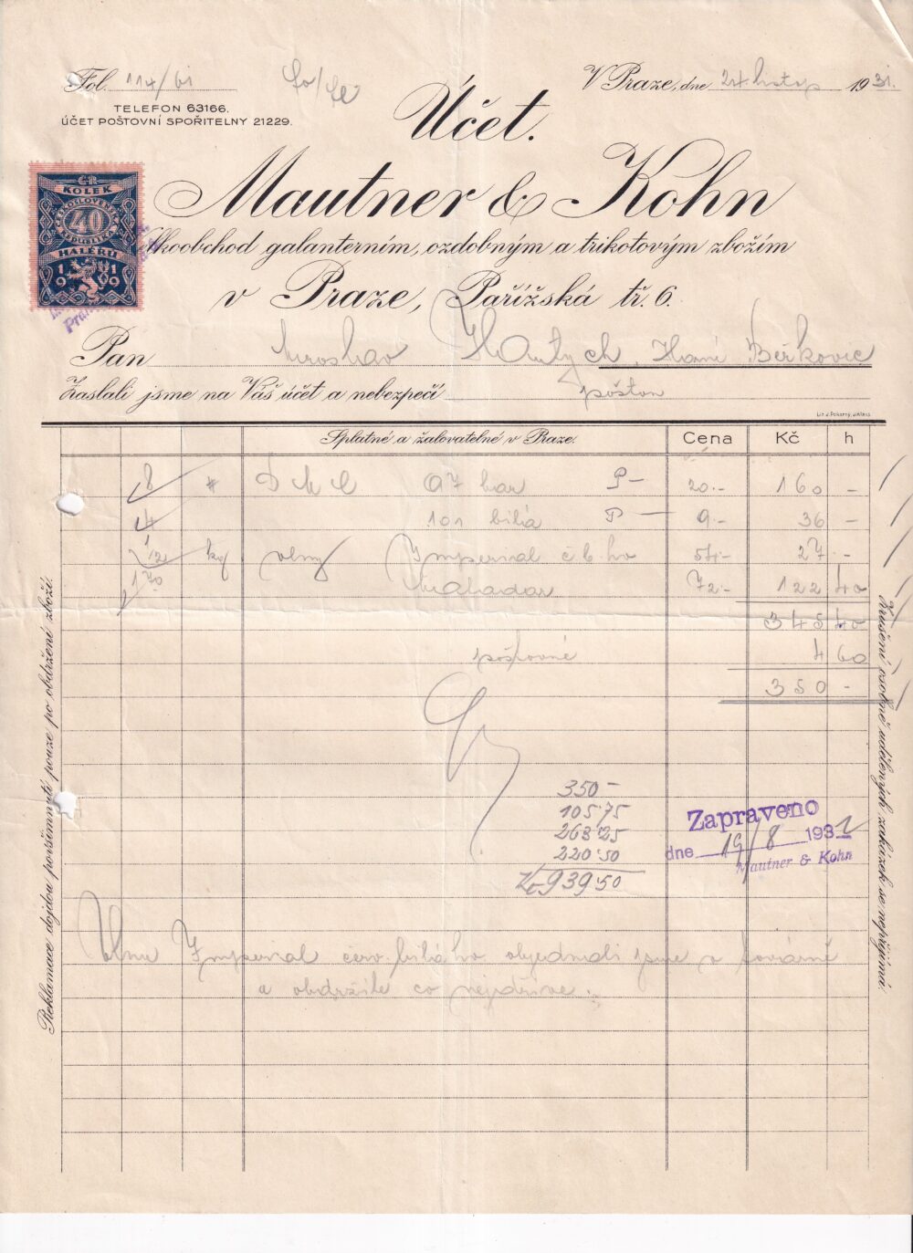 Účet, galanterie, trikot, Praha, 1931