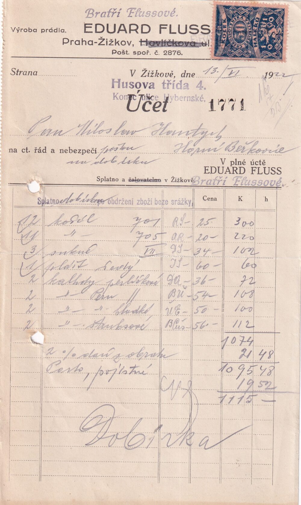 Účet, výroba prádla, Praha, 1922