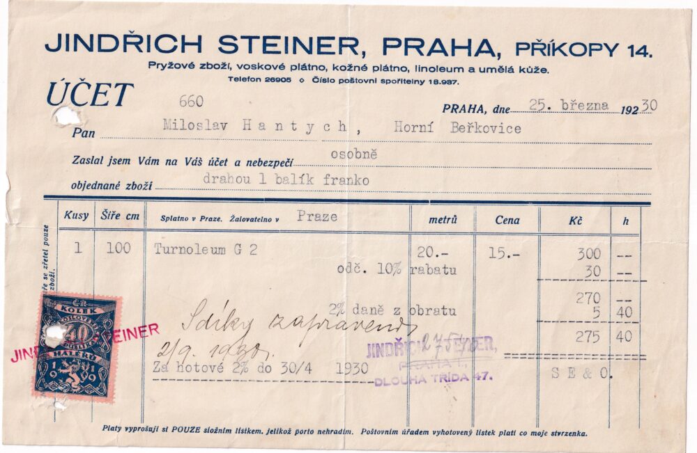 Účet, kožené a voskové plátno, Praha, 1930