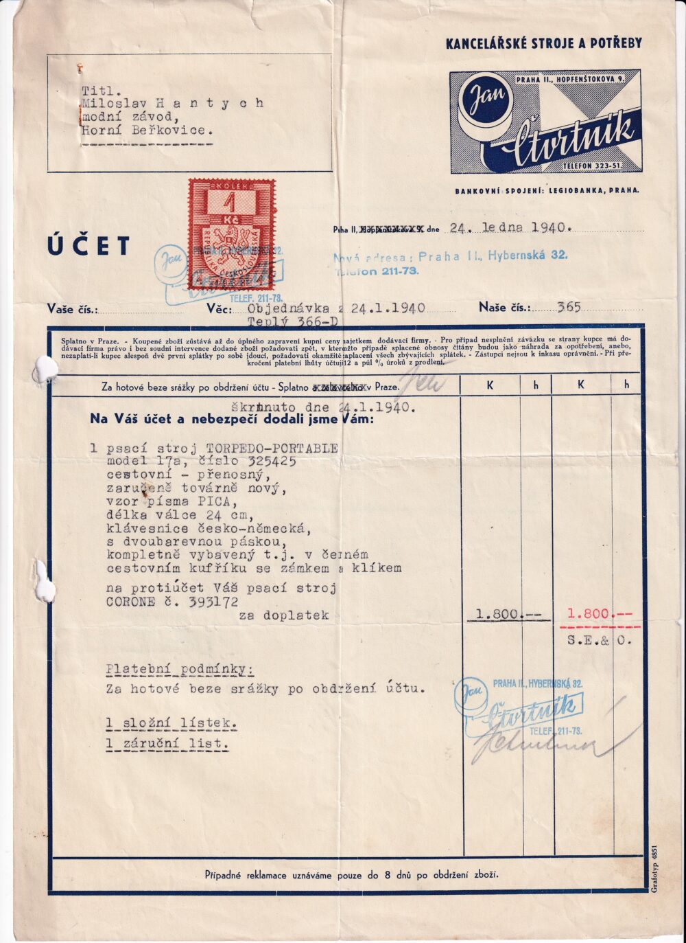 Účet, kancelářské stroje a potřeby, Praha, 1940