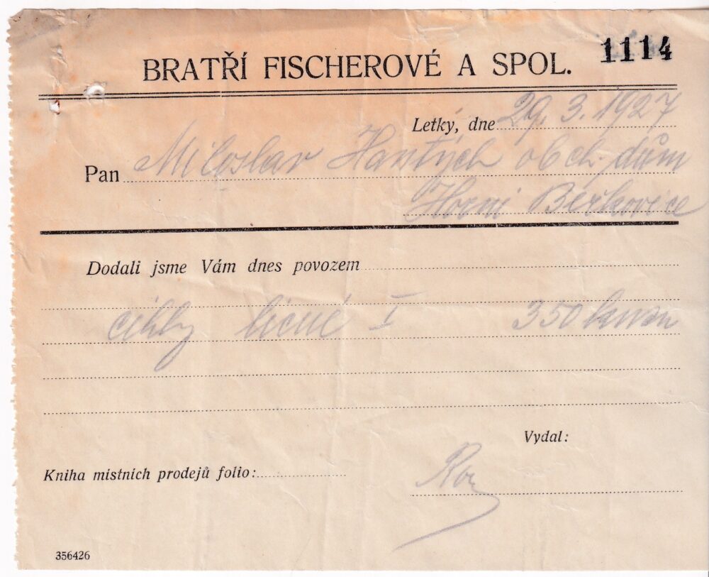 Účet, cihly, Praha, 1927