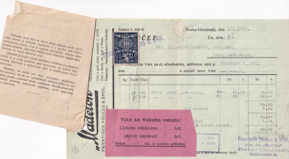 Účet, chemická továrna, Praha, 1925