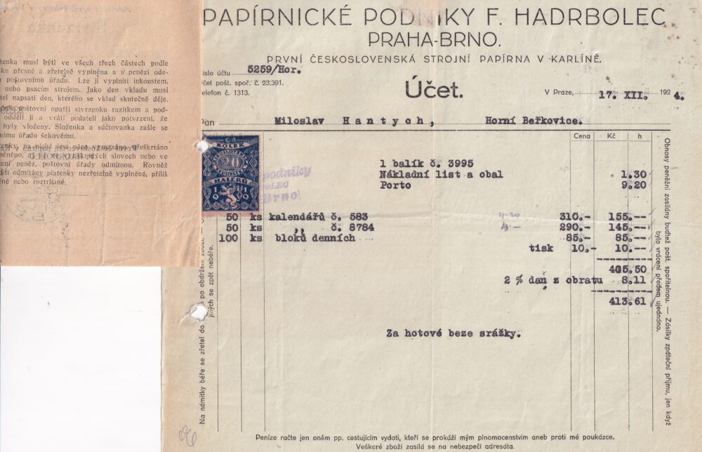 Účet, strojní papírna, Praha, 1924