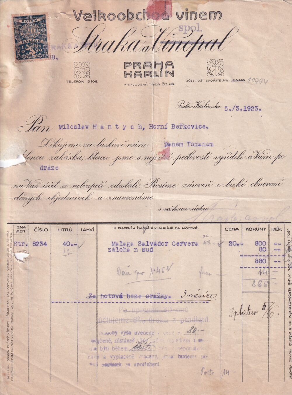 Účet, velkoobchod vínem, Praha, 1923