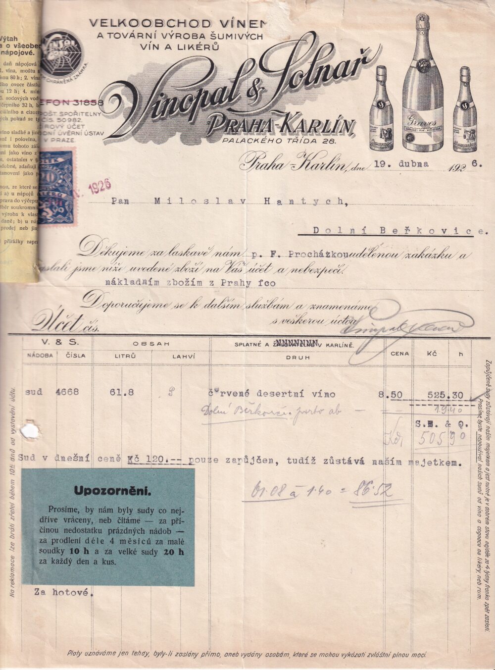 Účet, velkoobchod vínem, Praha, 1926