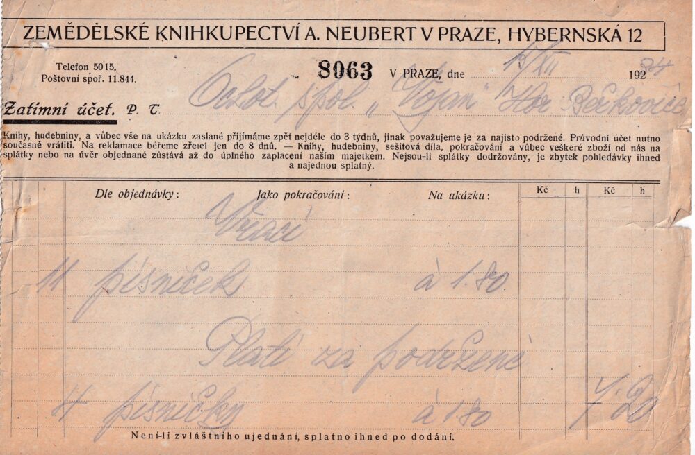 Účet, zemědělské knihkupectví, Praha, 1924
