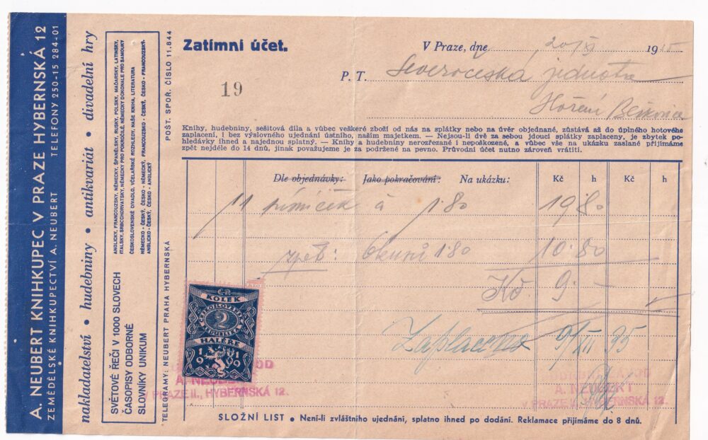 Účet, zemědělské knihkupectví, Praha, 1935