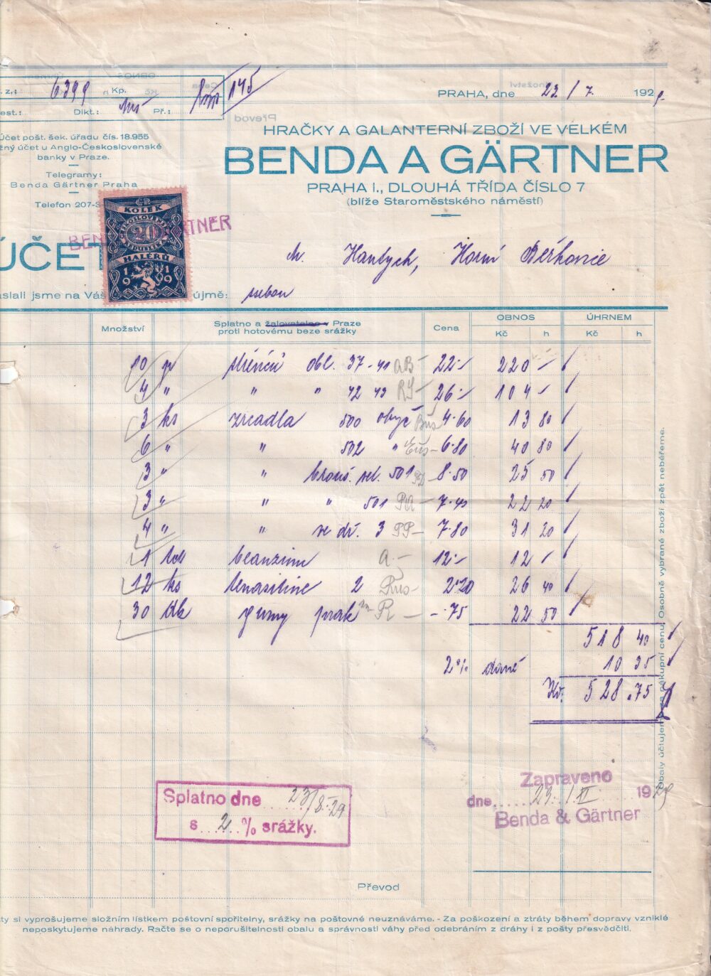 Účet, galanterie, hračky, Praha, 1921