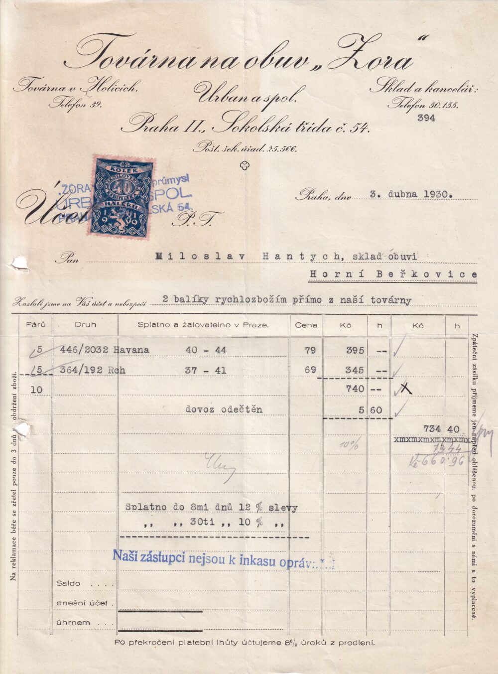 Účet, továrna na obuv, Zora, Praha, 1930