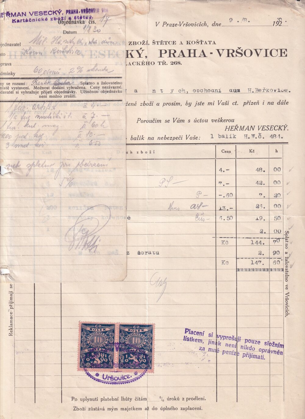 Účet, kartáče a štětce, Praha, 1930