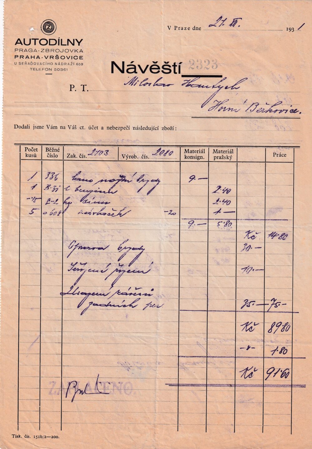 Účet, autodílny, Praha, 1931