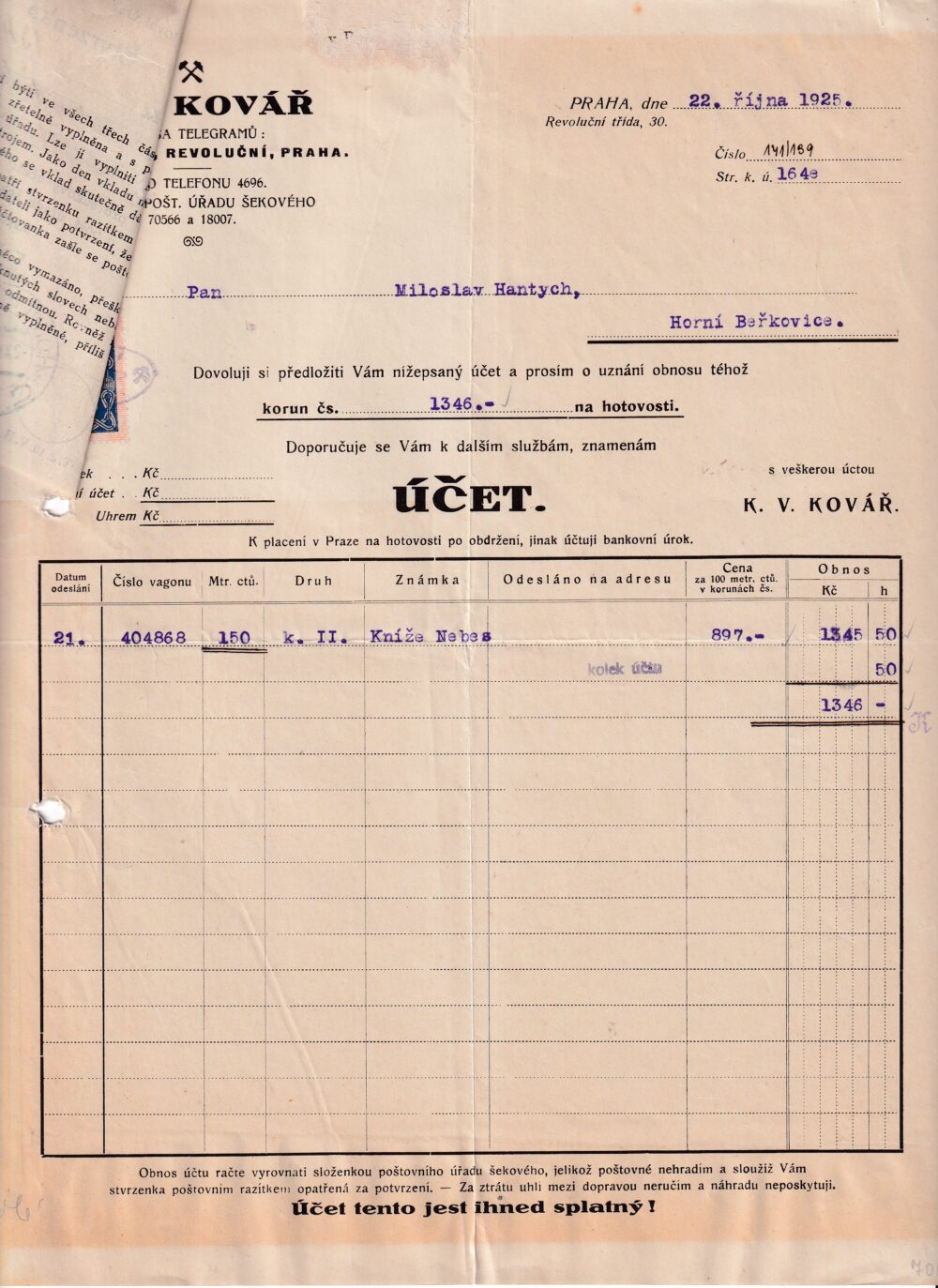 Účet, nakladatelství a knihy, Praha, 1925