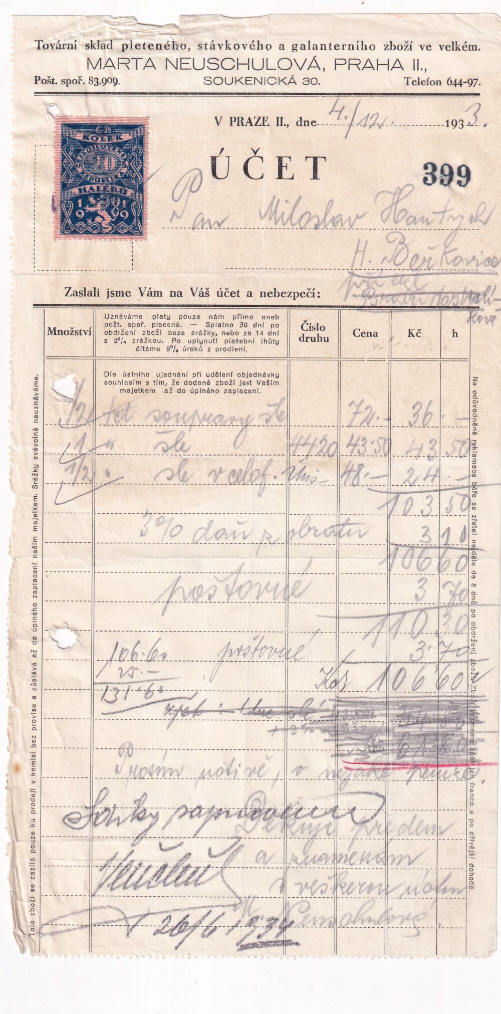 Účet, galanterie, pletené zboží, Praha, 1933