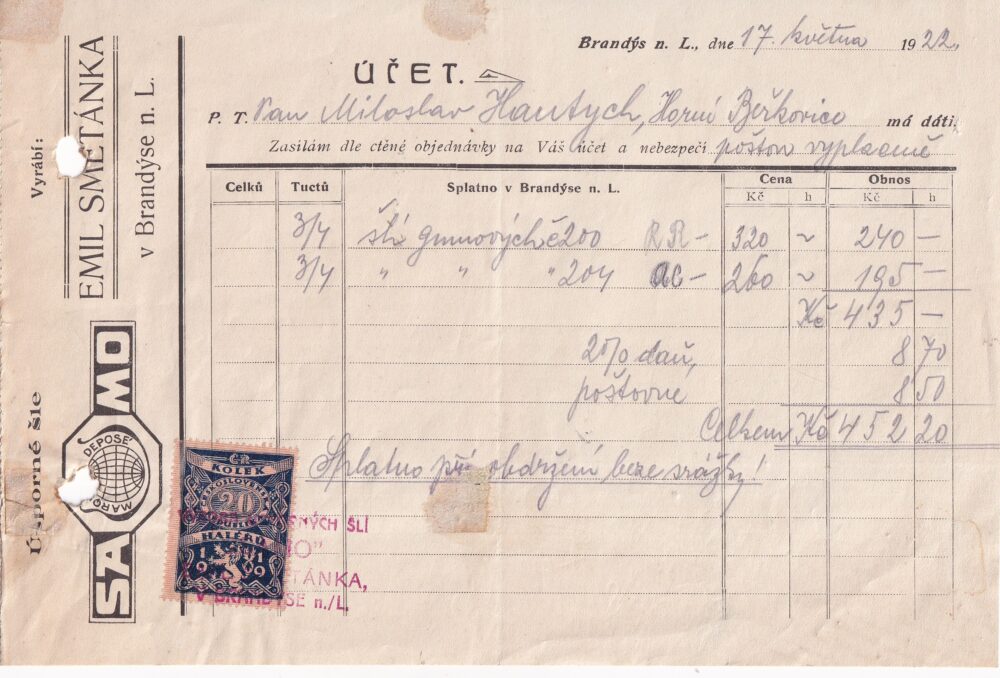 Účet, Samo, Praha, 1922