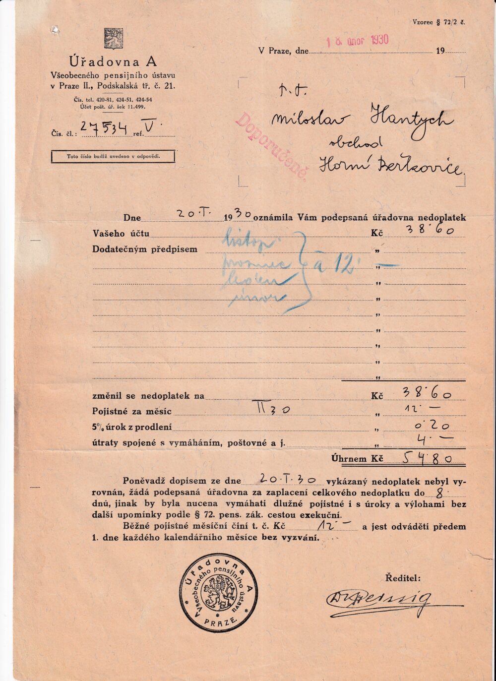 Účet, pensijní ústav, Praha, 1930