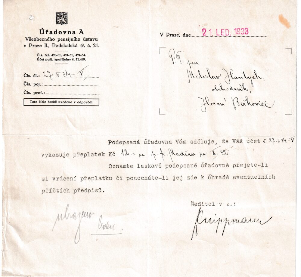 Účet, pensijní ústav, Praha, 1933