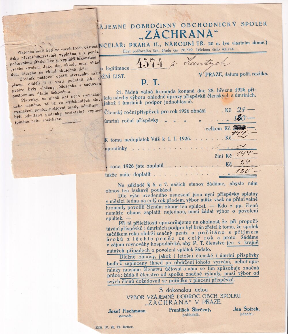 Účet, obchodnický spolek, Praha, 1926