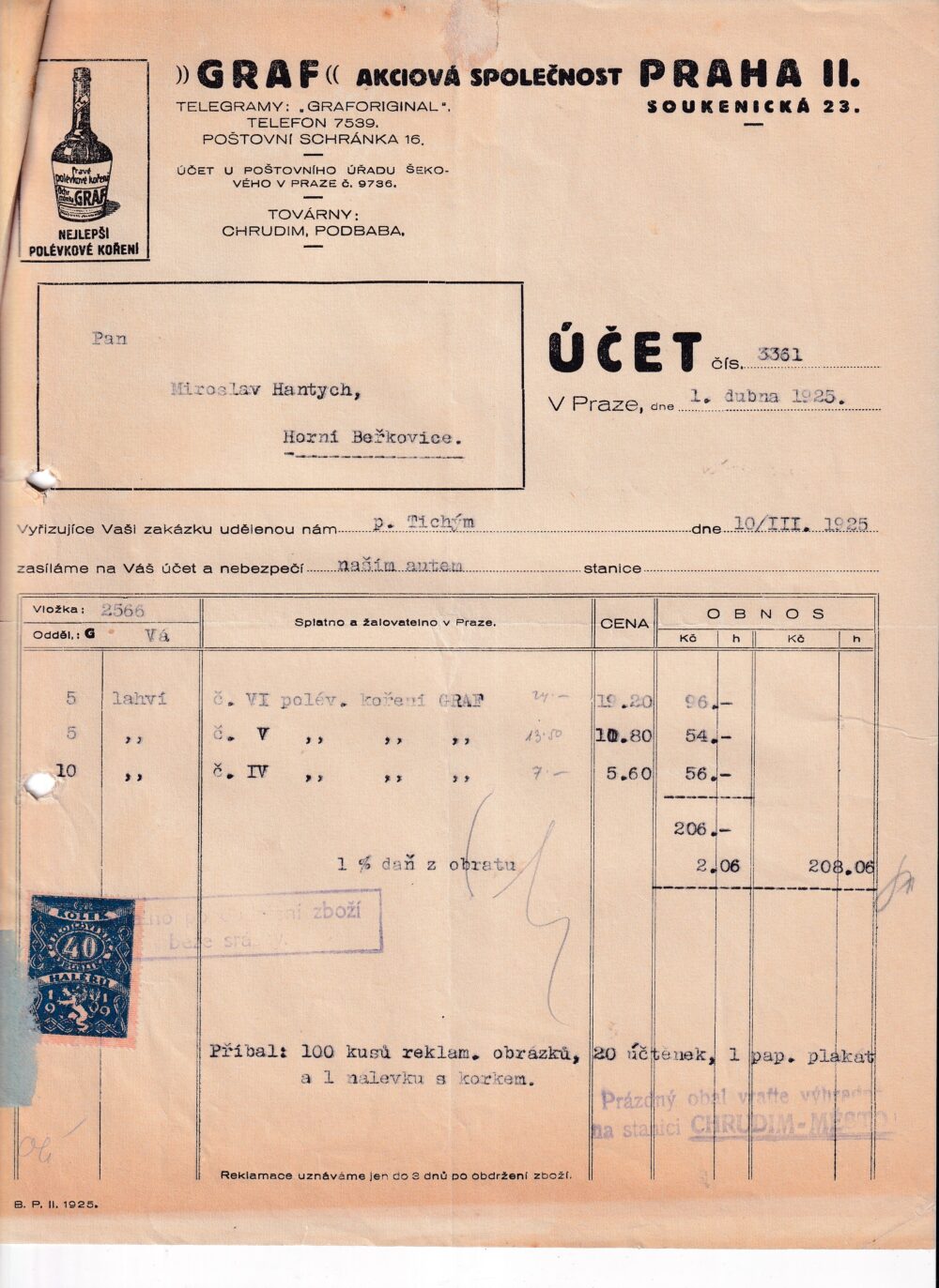 Účet, koření Graf, Praha, 1925