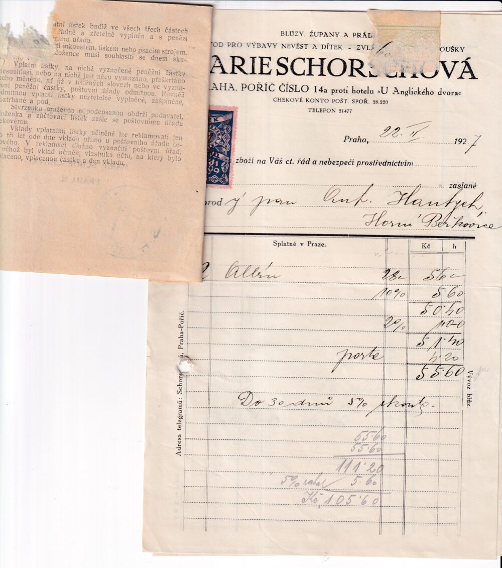 Účet, župany a prádla, Praha, 1927