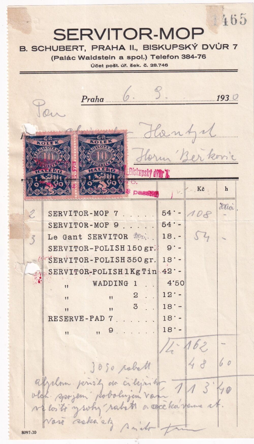 Účet, Servitor-mop, Praha, 1930