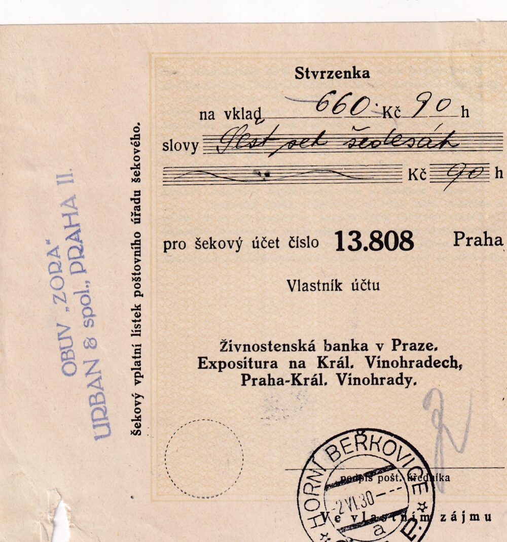 Účet, Obuv Zora, Praha, 1930