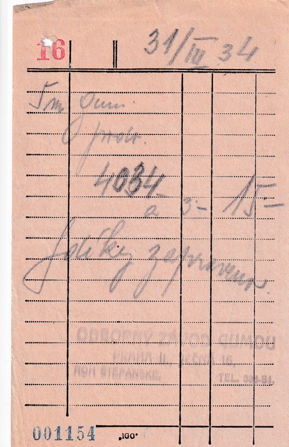 Účet, Odborný závod gumou, Praha, 1934