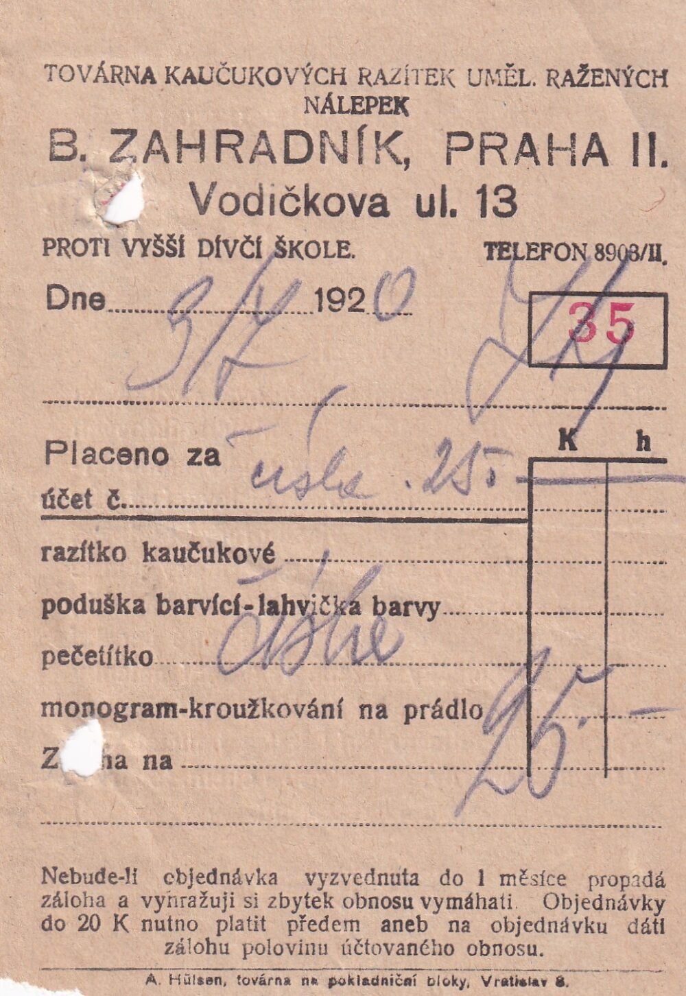 Účet, kaučuková razítka, Praha, 1920