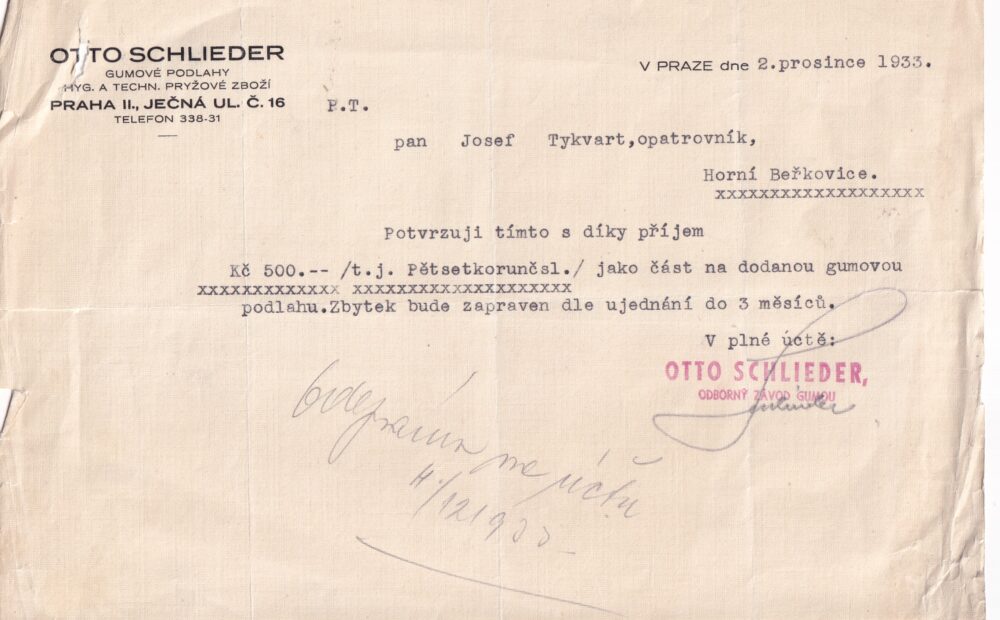 Účet, gumové podlahy, Praha, 1933