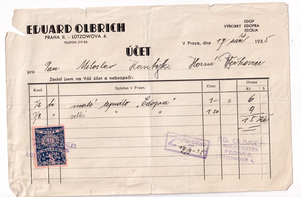 Účet, malé lepidlo Edopra, Praha, 1935