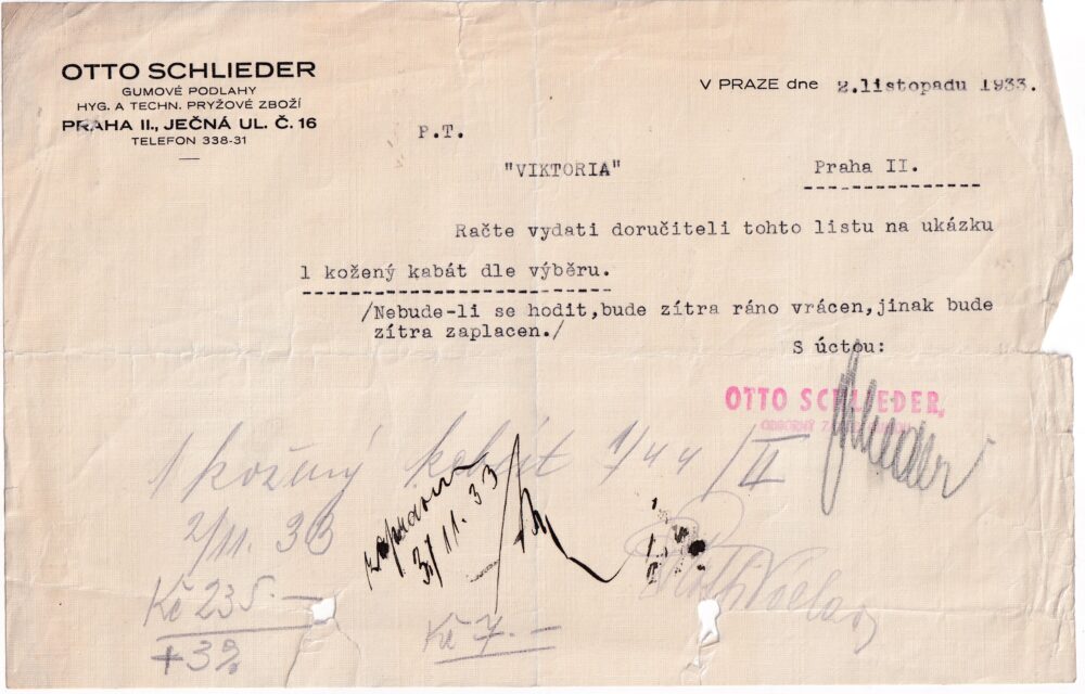 Účet, gumové podlahy, Praha, 1933