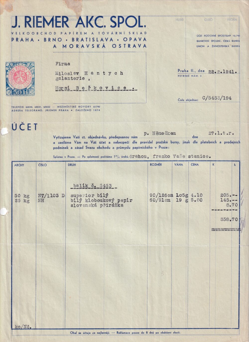 Účet, papír a tovární sklad, Praha, 1941