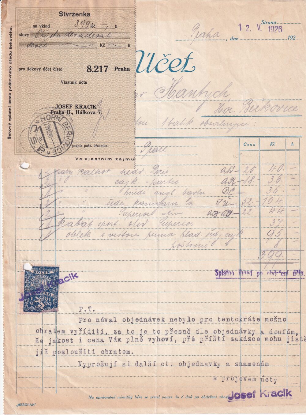 Účet, textil, Praha, 1926