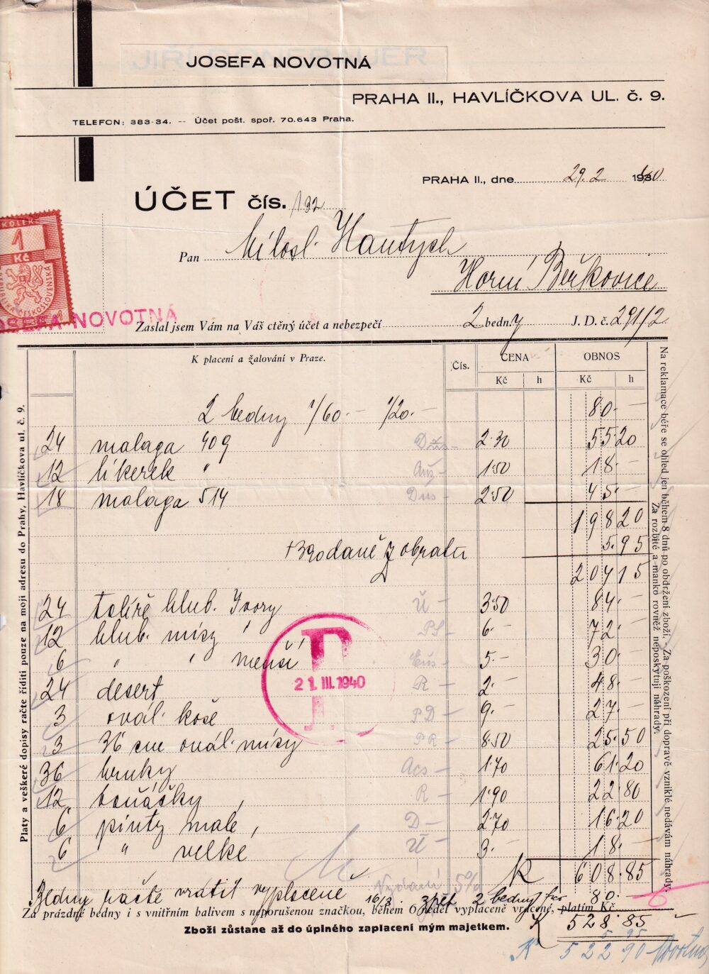 Účet, koloniál, Praha, 1940