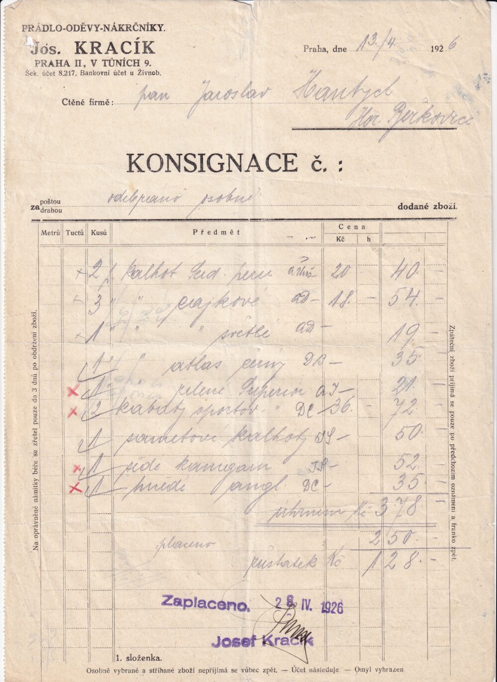 Účet, prádlo, oděvy, nákrčníky, Praha, 1926