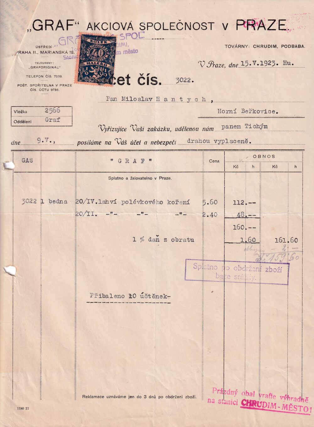 Účet, Graf original, Praha, 1923