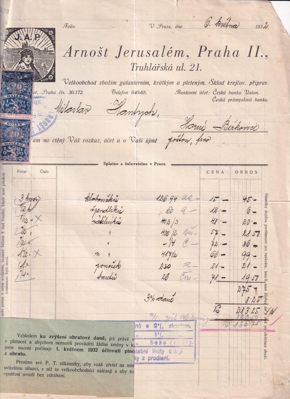 Účet, galanterie, pletené zboží, Praha, 1932