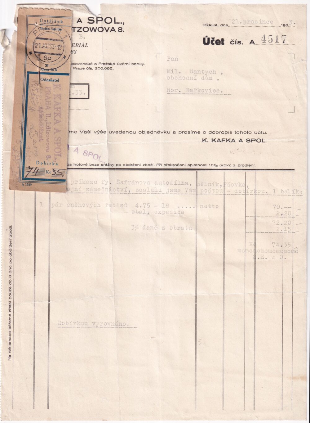 Účet, autovýzbroj, Praha, 1933